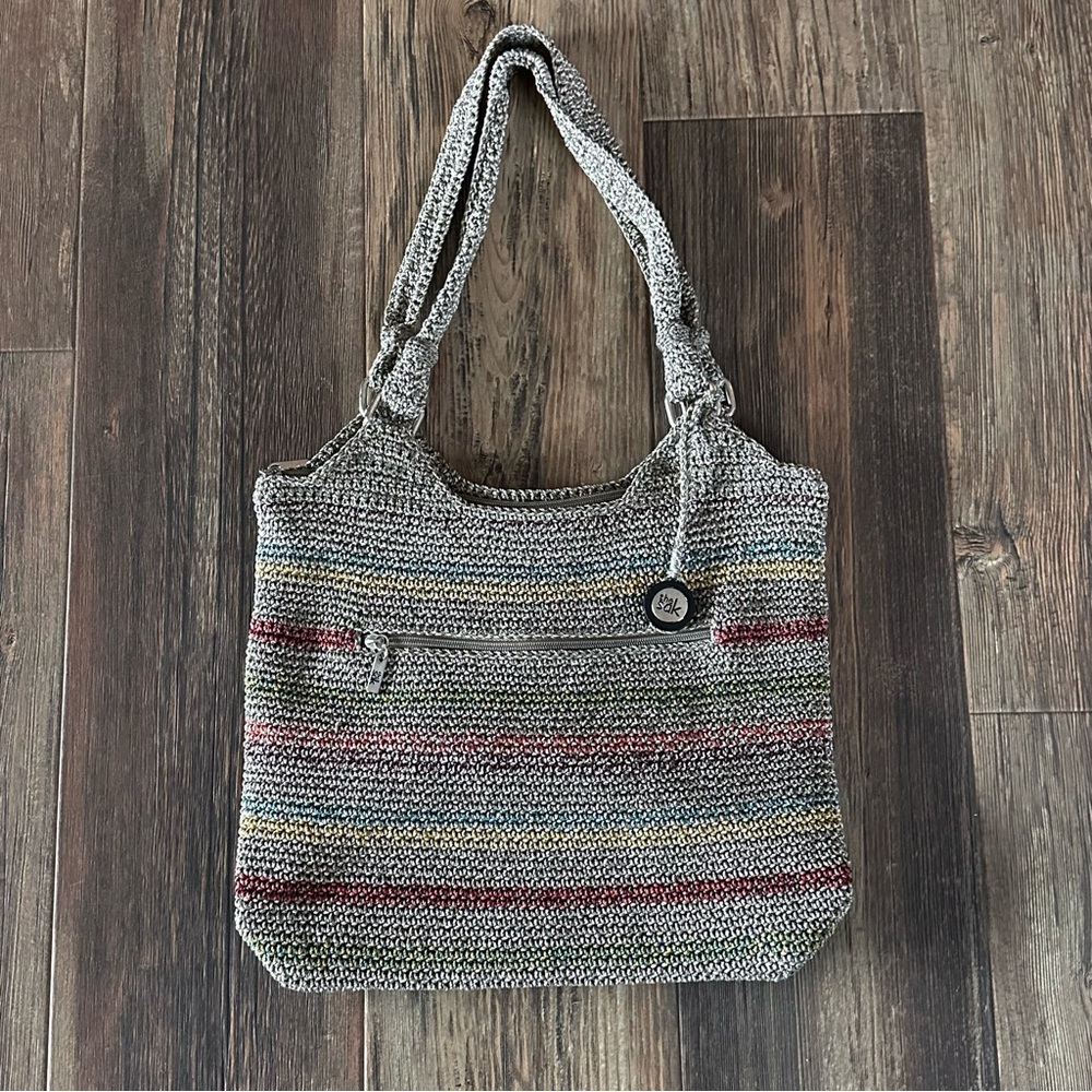 SAK crochet BOHO  rainbow stripe tan shoulder bag purse with charm